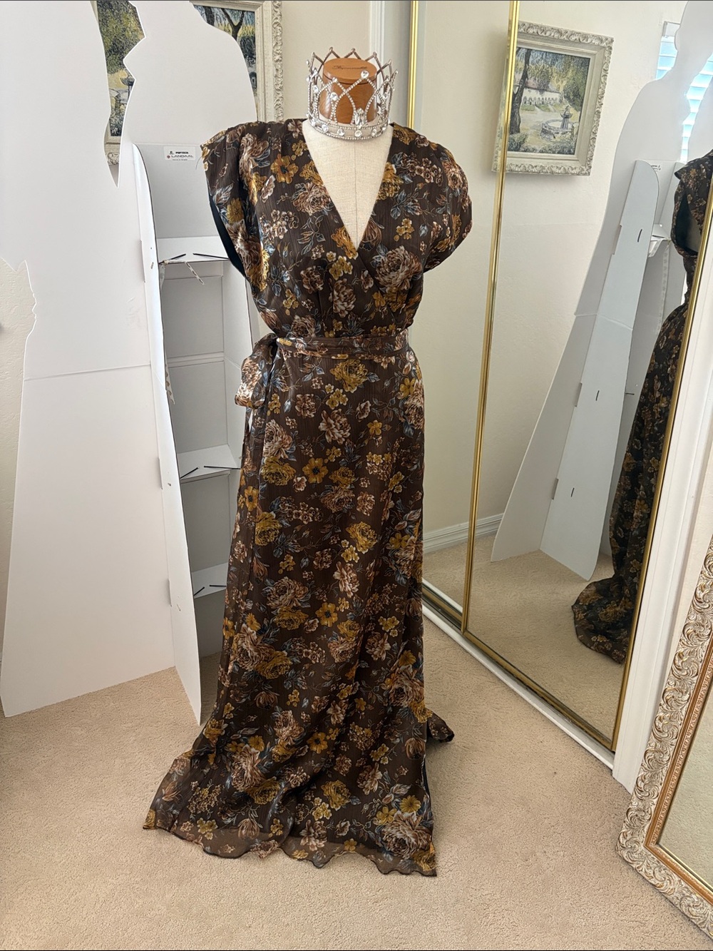 Azazie Brown Floral Wrap Maxi Dress